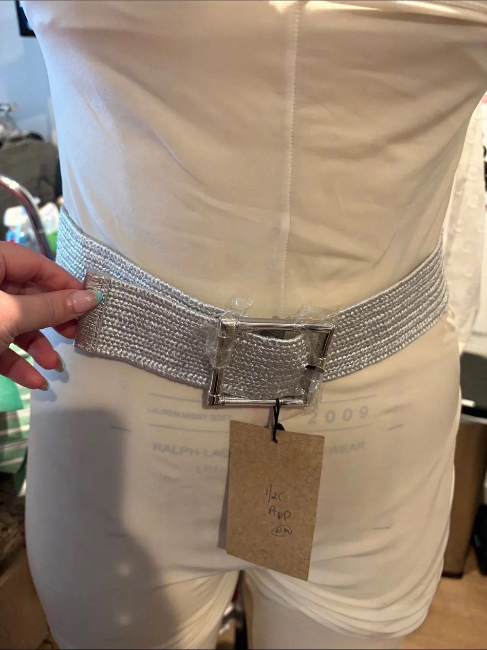 Talbots Silver Woven Stretch Belt with Polished Buckle